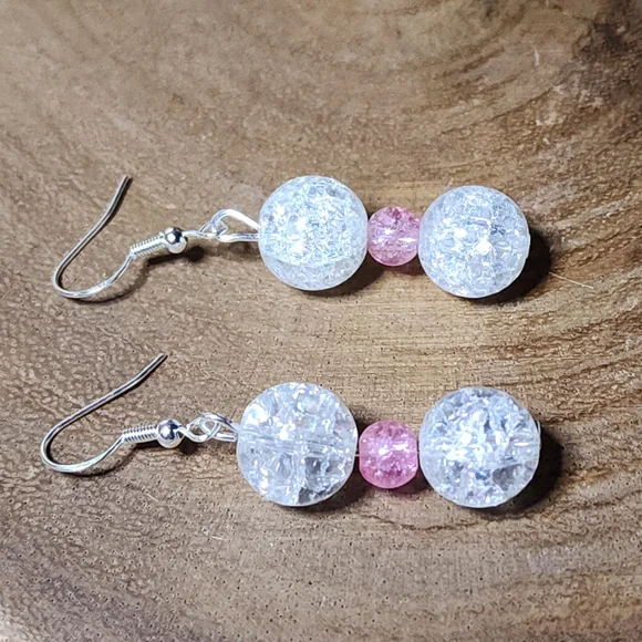 Hand Crafted Pink And Clear Crackled Glass and Silver Toned Dangle Drop Earrings - Picture 2 of 5